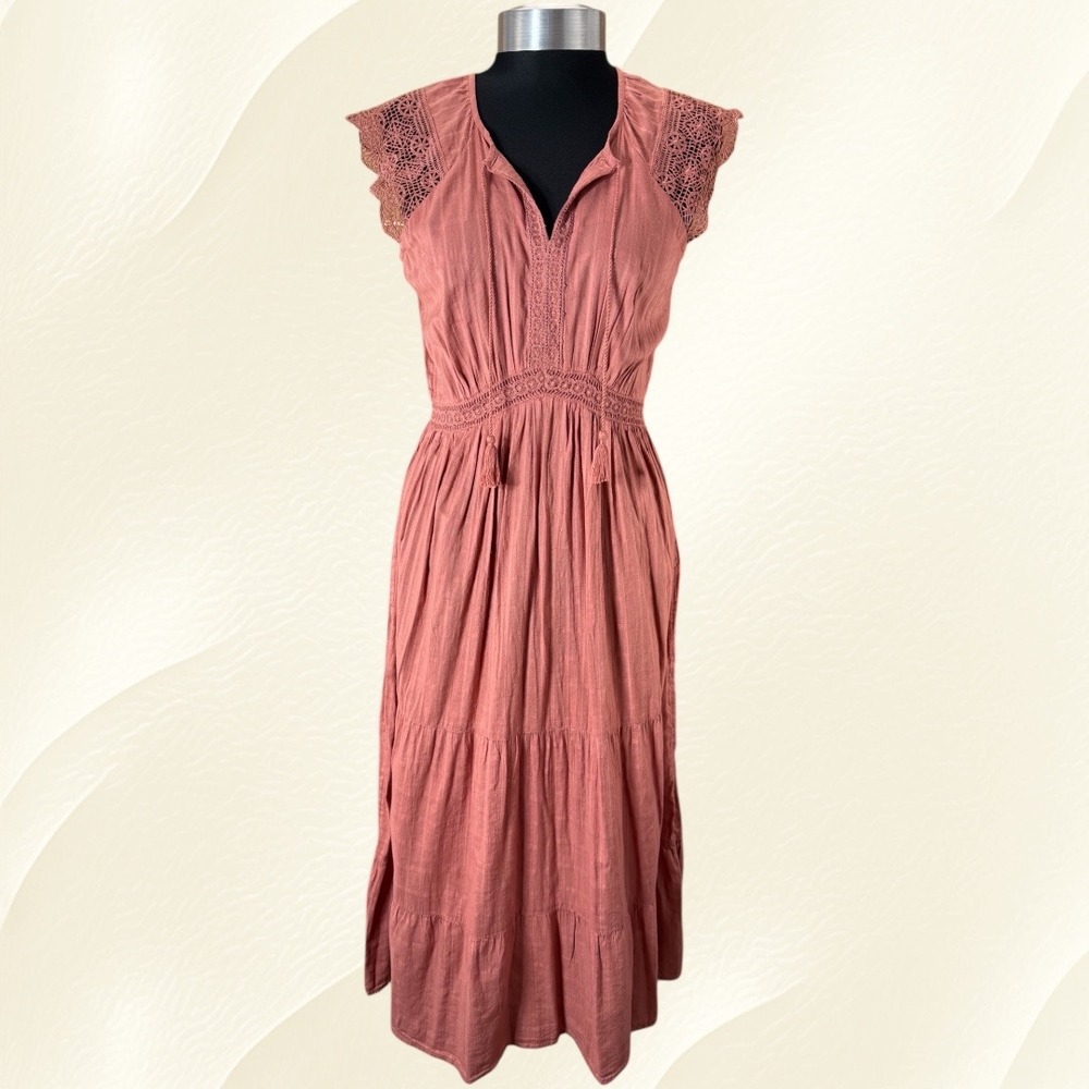 Old Navy Waist-Defined‎ Crochet-Sleeve Tie-Neck Midi Dress Size XS
